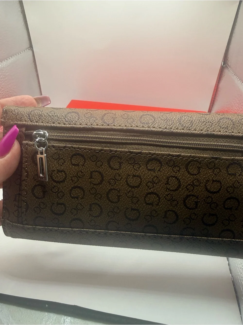 GUESS Brown Logo-Print Continental Wallet with Silver Plaque